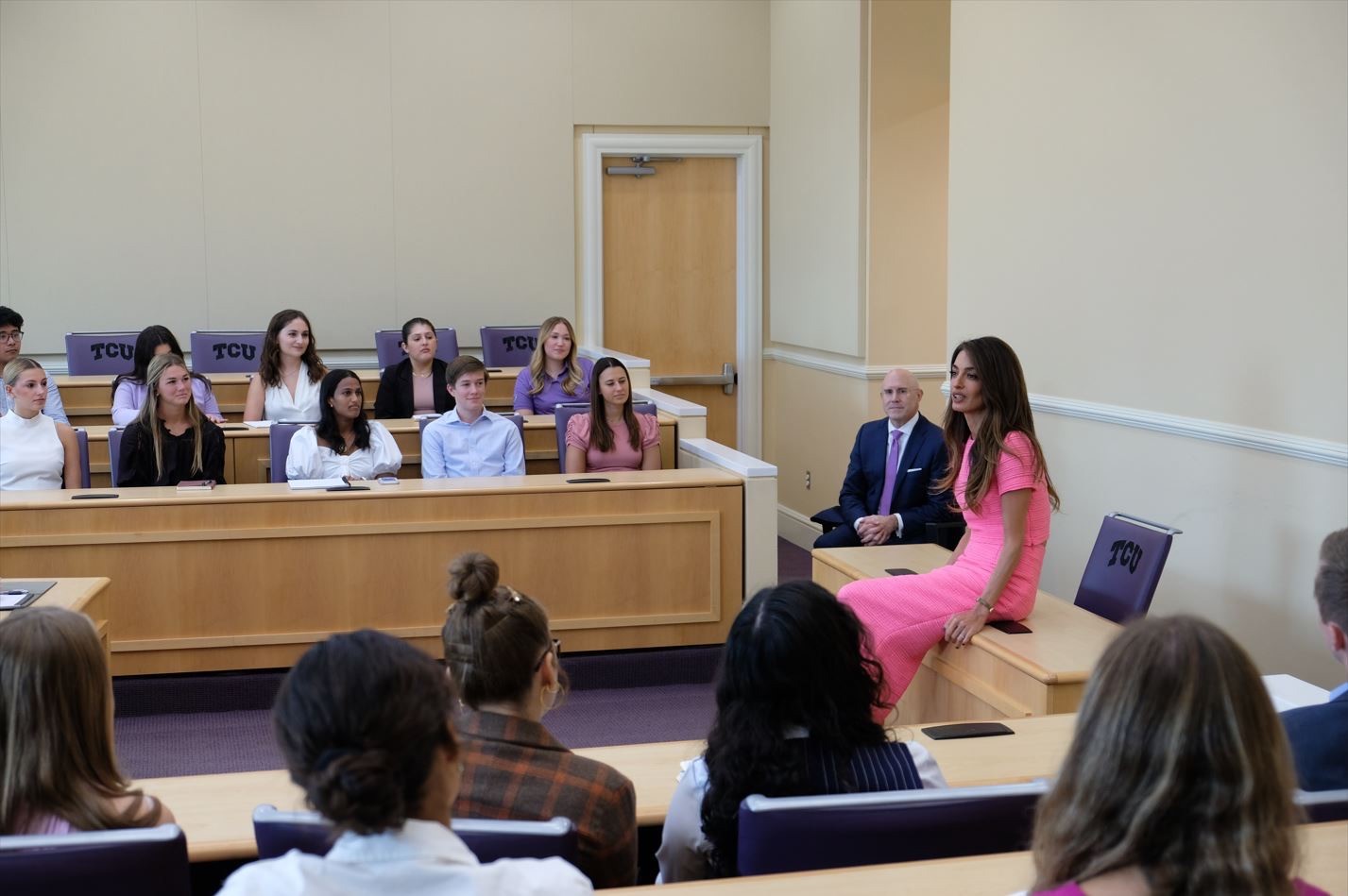Amal Clooney speaking to Honors students
