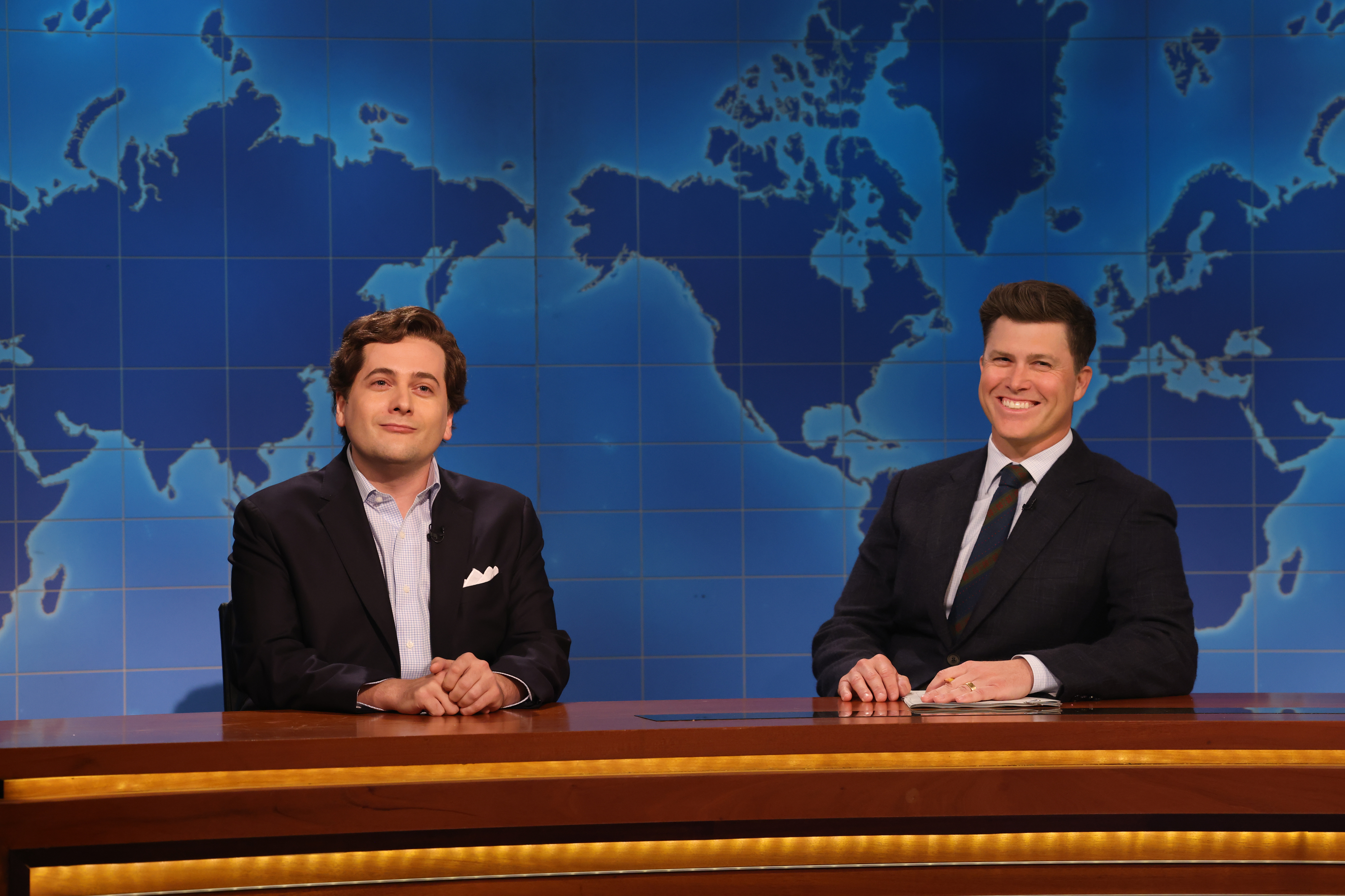 Jeremy Culhane, left, on the set of SNL. Courtesy NBC.